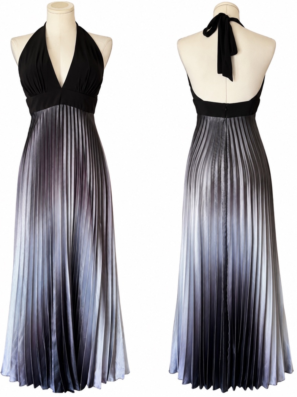 Betsy & Adam Black Purple Silver Metallic Ombre Pleated Maxi Halter Gown Dress 1